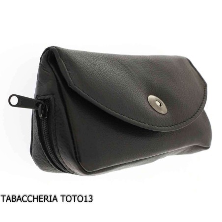 Bag for pipe and tobacco in black skin and magnetic button - Accessories for tobacco pipes