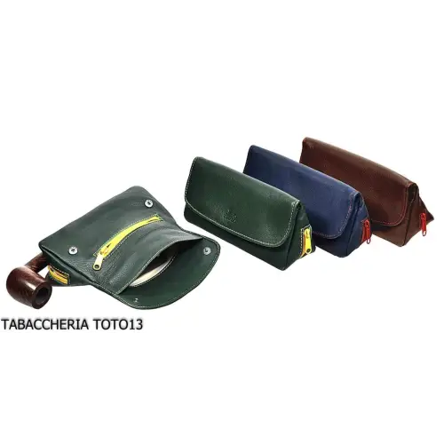 Bolsa para tabaco y 1 pipa, en napa coloreada con costuras contrastadas - Accesorios para pipas de tabaco