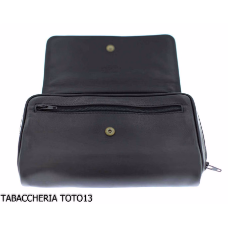 Arcadia tobacco bag in black leather with compartment for 3 pipes-Bags for pipes