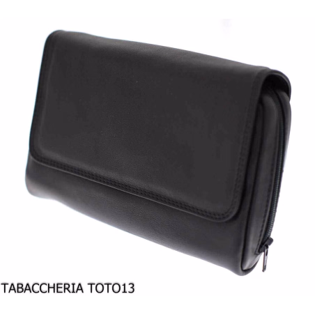 Arcadia tobacco bag in black leather with compartment for 3 pipes-Bags for pipes