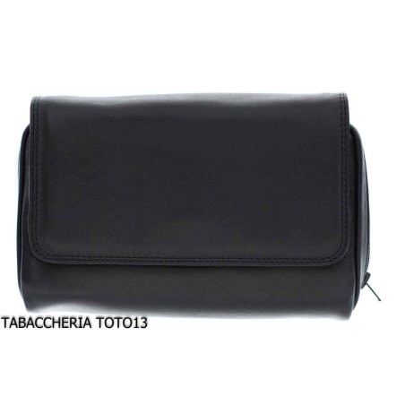 Arcadia borsa portatabacco in pelle nera con scomparto per 3 pipe - Accessori Per Pipe