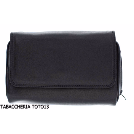 Arcadia tobacco bag in black leather with compartment for 3 pipes-Bags for pipes