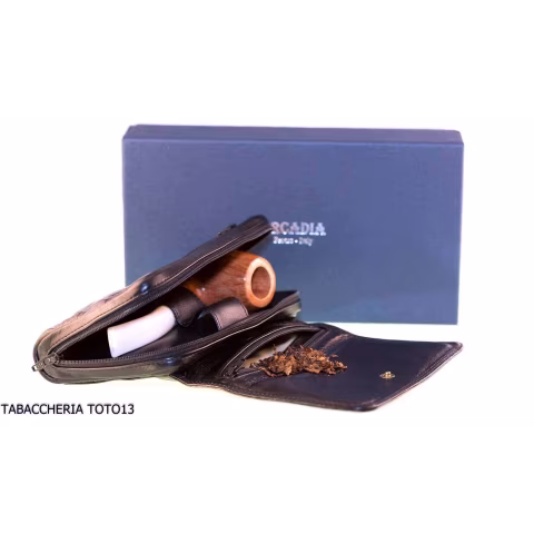 Arcadia borsa portatabacco in pelle nera con scomparto per 3 pipe - Accessori Per Pipe