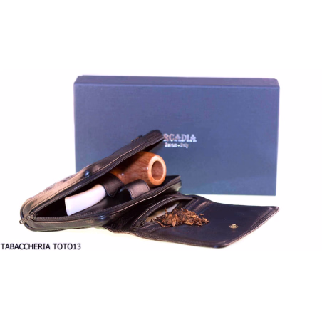 Arcadia tobacco bag in black leather with compartment for 3 pipes-Bags for pipes