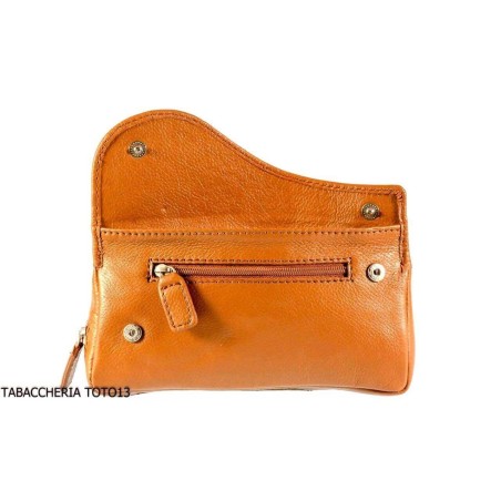 Brebbia bag for 1 tobacco pipe and tobacco pouch in Havana leather with saddle decoration - Accessories for tobacco pipes
