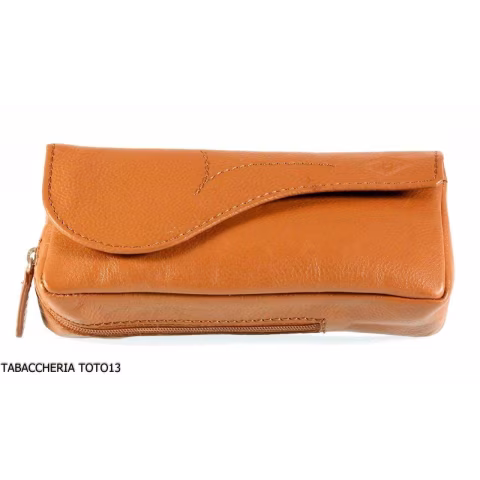 Brebbia bag for 1 tobacco pipe and tobacco pouch in Havana leather with saddle decoration - Accessories for tobacco pipes