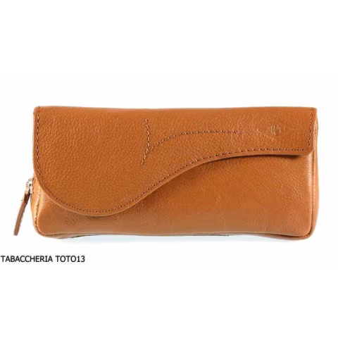 Brebbia bag for 1 tobacco pipe and tobacco pouch in Havana leather with saddle decoration - Accessories for tobacco pipes