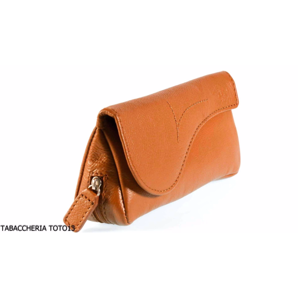 Brebbia bag for 1 tobacco pipe and tobacco pouch in Havana leather with saddle decoration - Accessories for tobacco pipes