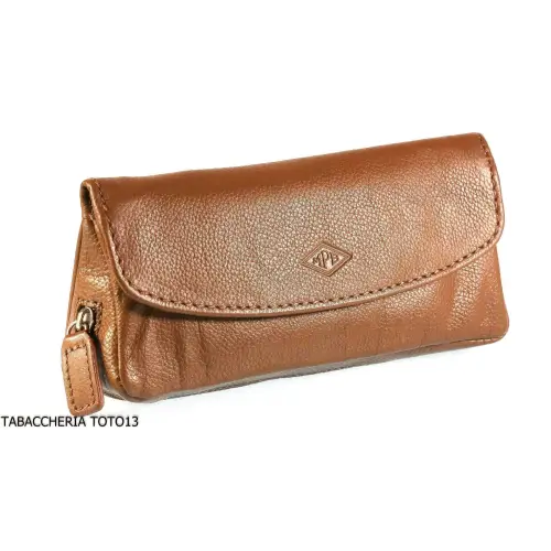 Brebbia borsa in pelle marrone portatabacco e pipa 1 posto con chiusura a bottoni - Accessori Per Pipe