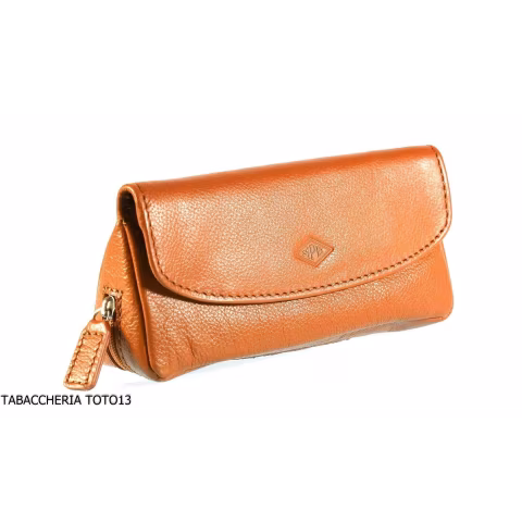 Brebbia borsa in pelle havana portatabacco e pipa 1 posto con chiusura a bottoni - Accessori Per Pipe