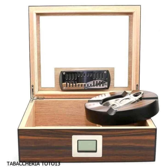Ebony humidor with glass and ashtray and cutter kit.