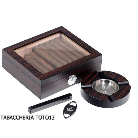Humidor für Zigarren aus opakem Ebenholz mit Aschenbecher und Cutter - Zubehör Cigar