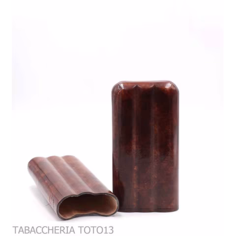 Shaped cigar holder 3 places double crown, in dark briar colored Florentine leather - Poket Case for Cigar - Florentine leath