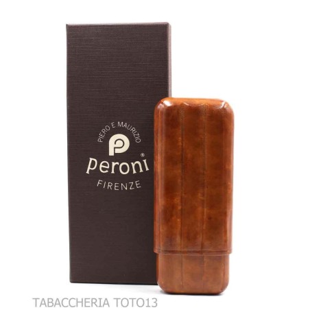 Contoured cigar holder 3 places double crown, in Florentine briar-colored cognac leather - Poket Case for Cigar - Florentine 
