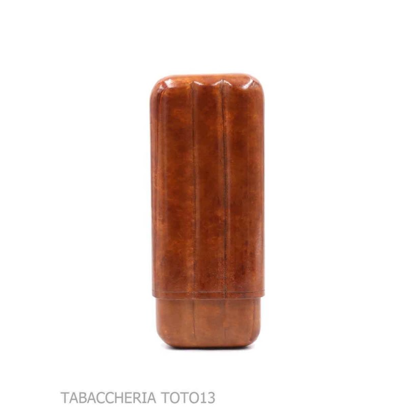 Contoured cigar holder 3 places double crown, in Florentine briar-colored cognac leather - Poket Case for Cigar - Florentine 