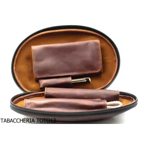 Fiamma di Re bag 2 places for pipes in the shape of american football in brown vintage leather - Accessories for tobacco pipe