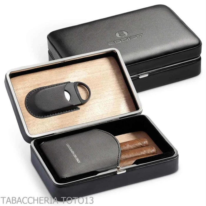 EGOIST - Caja de cedro cubierta en cuero negro para 5 cigarros, equipada con cortador