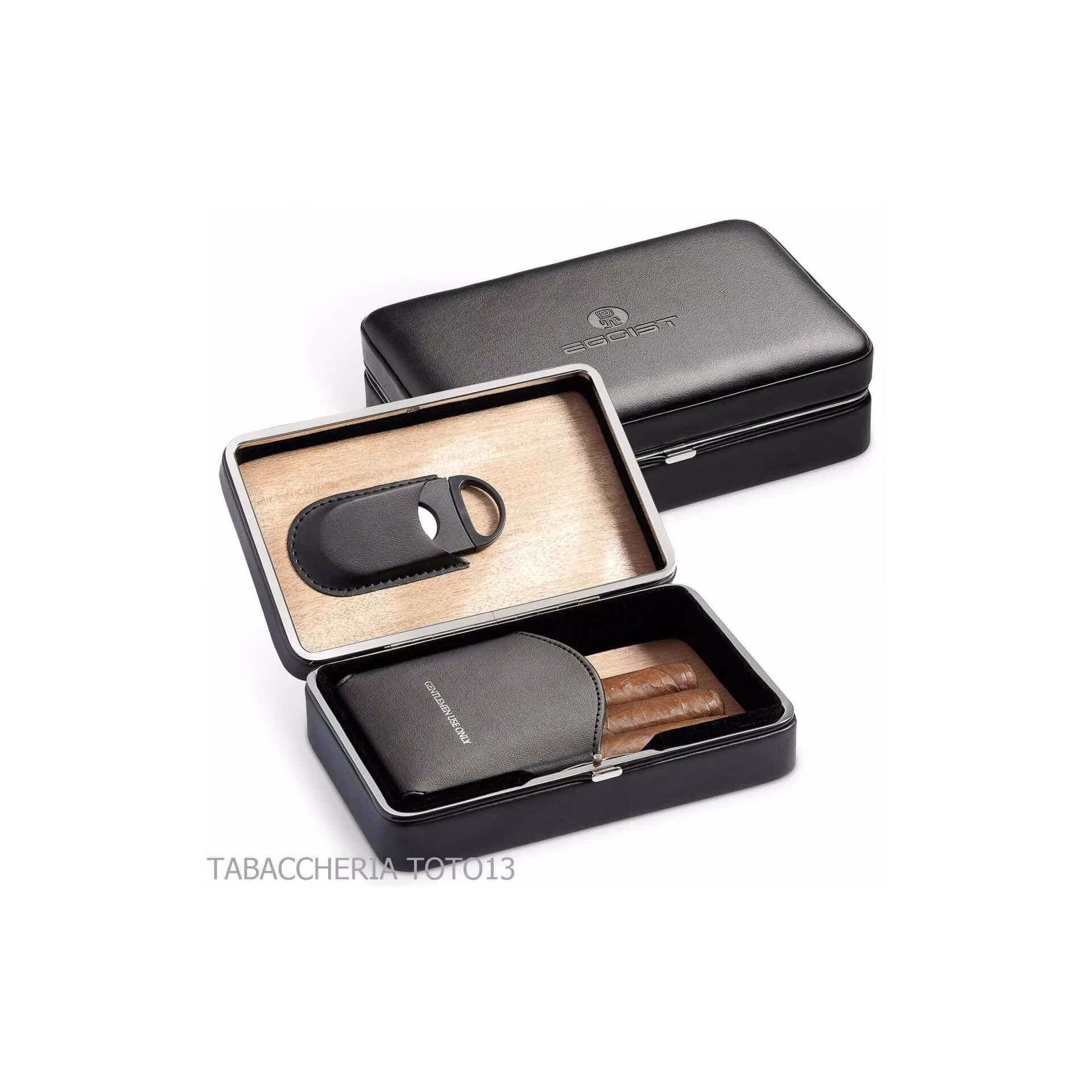 Cedar box covered in black leather for 5 cigars, equipped with cutter - Accessories Cigar