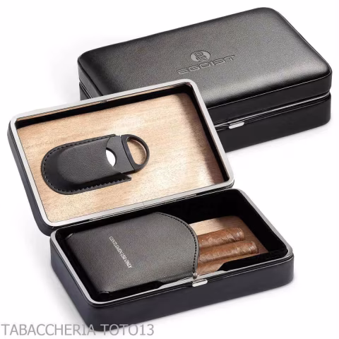 Box in cedro rivestita in pelle nera per 5 sigari, dotato di cutter - Accessori Per Sigari
