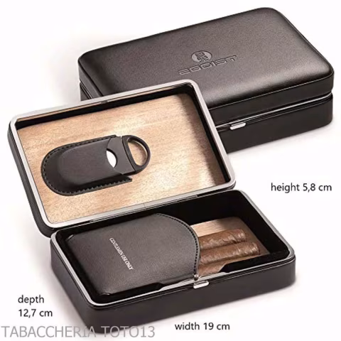 Cedar box covered in black leather for 5 cigars, equipped with cutter - Accessories Cigar
