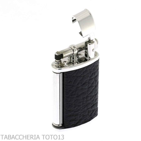Briquet à gaz Ronson Vestige avec finition chrome poli et cuir noir - Briquets - Laiton