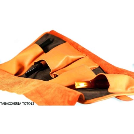 Albieri roll holder 4 pipes and accessories in orange and brown leather - Accessories for tobacco pipes