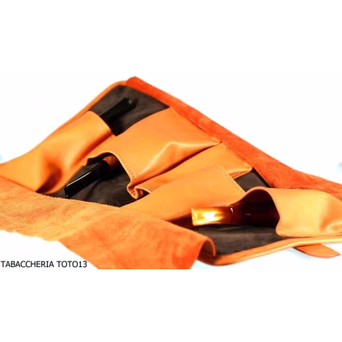 Albieri Rollenhalter 4 Pfeifen und Zubehör in orange und braun Leder - Zubehör für Tabakpfeifen