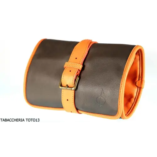 Portarrollos Albieri 4 pipas y accesorios en piel de naranja y marrón - Accesorios para pipas de tabaco