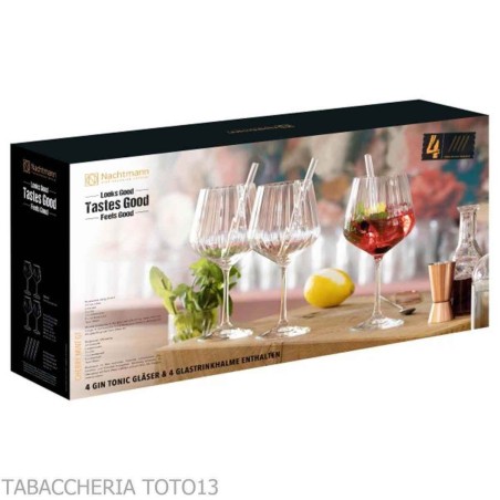 Tastes Good Gin Tonic Set of 4 glasses with 4 glass straws - Accessories For Wine & Spirits And Glasses