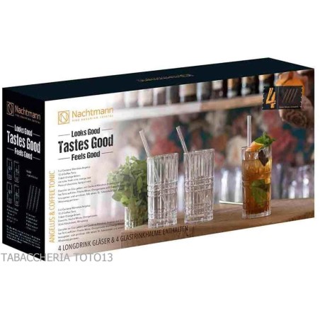 Tastes Good bebida larga Juego de 4 vasos de tambor altos con 4 pajitas de vidrio - Accesorios Para Vinos Y Licores Y Vidrios