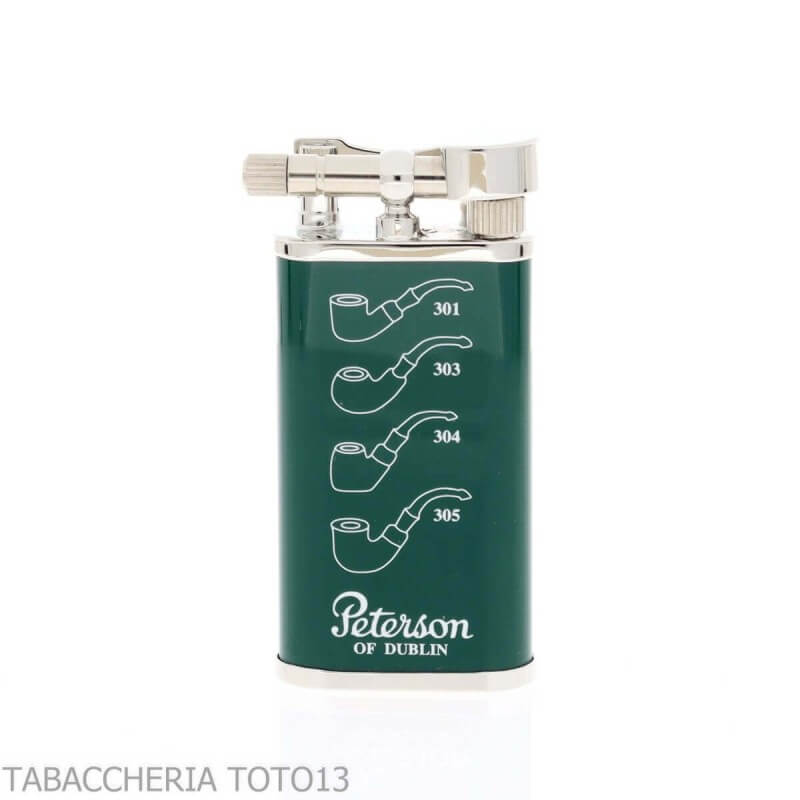 Peterson Metal System green finish with pipe engravings Peterson Of Doublin Pipe Lighters for tobacco pipe