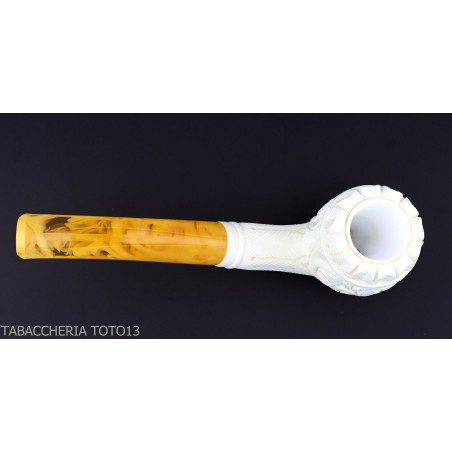 Bent Billiard pipe in sea foam with floral decorations grade 5-Sea Foam Pipes