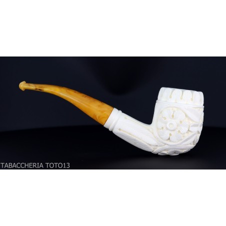 Bent Billiard pipe in sea foam with floral decorations grade 5-Sea Foam Pipes