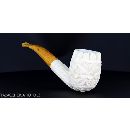 Bent Billiard pipe in sea foam with floral decorations grade 5-Sea Foam Pipes