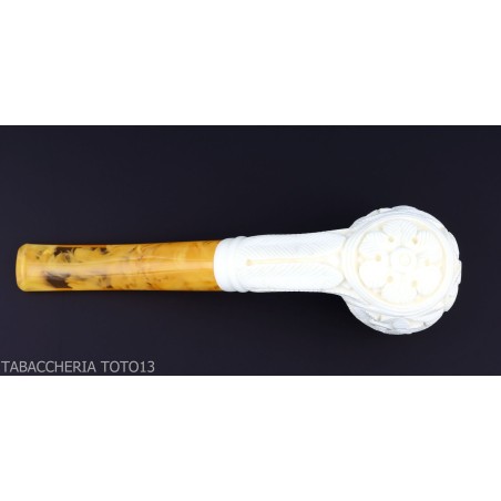 Bent Billiard pipe in sea foam with floral decorations grade 5-Sea Foam Pipes