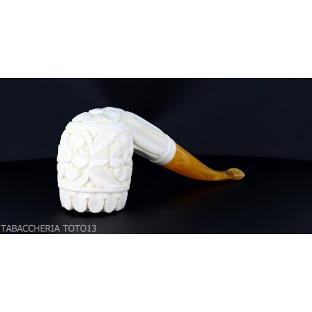 Bent Billiard pipe in sea foam with floral decorations grade 5-Sea Foam Pipes
