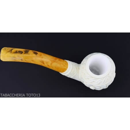 Bent Apple shaped pipe in sea foam with floral decorations Lubinski