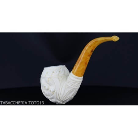 Bent Apple shaped pipe in sea foam with floral decorations Lubinski