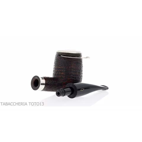 Brebbia Italia Billiard shaped pipe in sandblasted briar with silver cap and lid - Tobacco Pipes - Natural root, Silver