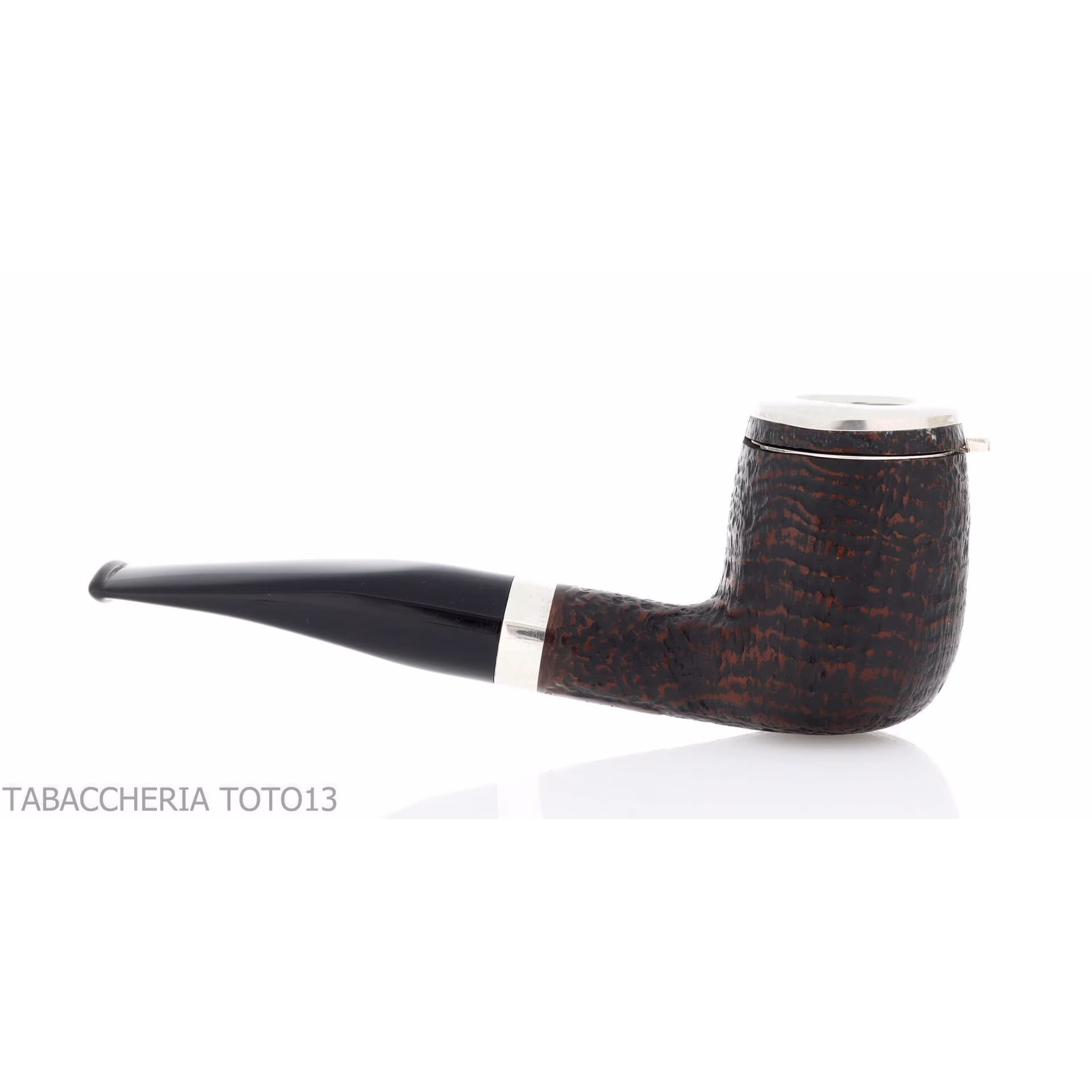 Brebbia Italia Billiard shaped pipe in sandblasted briar with silver cap and lid - Tobacco Pipes - Natural root, Silver