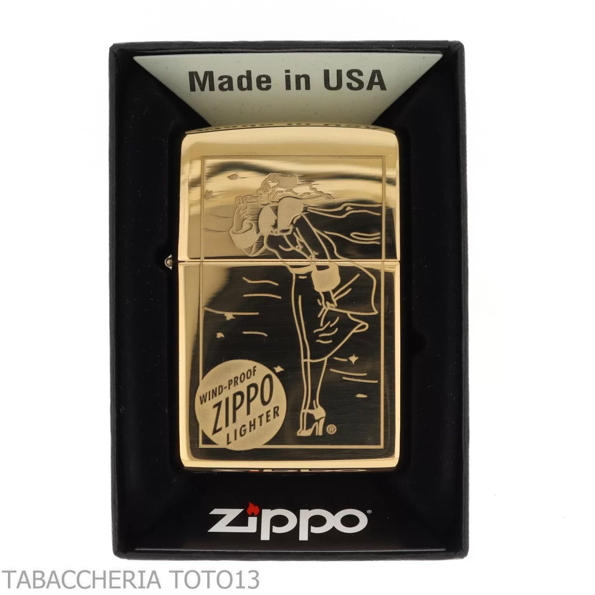 Zippo Windy incisione su cassa ottone dorato