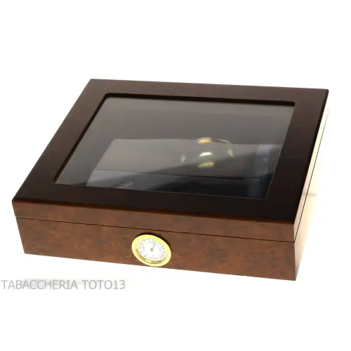 Humidified box for briar cigars with glass lid, complete with ashtray, cutter - Accessories Cigar - Natural root, Wood