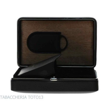 Cedar Box in schwarzem Leder für 5 Zigarren, ausgestattet mit Cutter - Zubehör Cigar