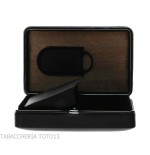 Cedar Box in schwarzem Leder für 5 Zigarren, ausgestattet mit Cutter - Zubehör Cigar