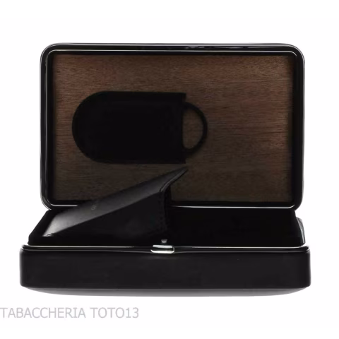 Cedar box covered in black leather for 5 cigars, equipped with cutter - Accessories Cigar