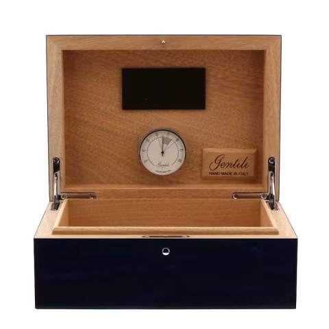 Gentili Caja humidificada para 20 puros con higrómetro, acabado azul transparente. - Accesorios Del Cigarro