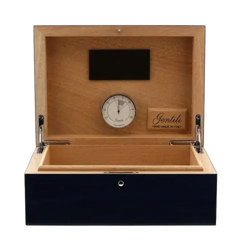 Gentili humidified box for 20 cigars with hygrometer, transparent blue finish - Accessories Cigar