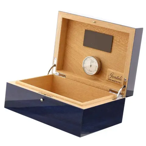 Gentili humidified box for 20 cigars with hygrometer, transparent blue finish - Accessories Cigar