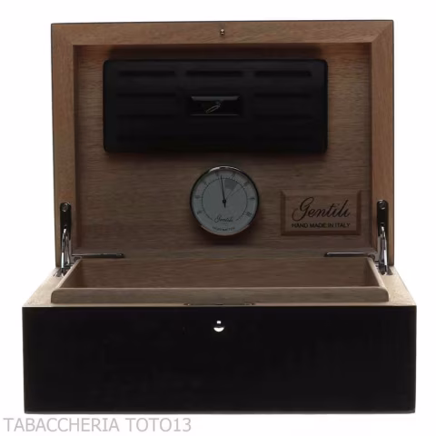 Gentili Caja humidificada para 20 puros con higrómetro, acabado negro brillante. - Accesorios Del Cigarro
