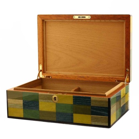 Morici Mestre coffret humidifié pour 30 cigares, finition incrustation vert jaune bleu - Accessoires Cigare - Bois